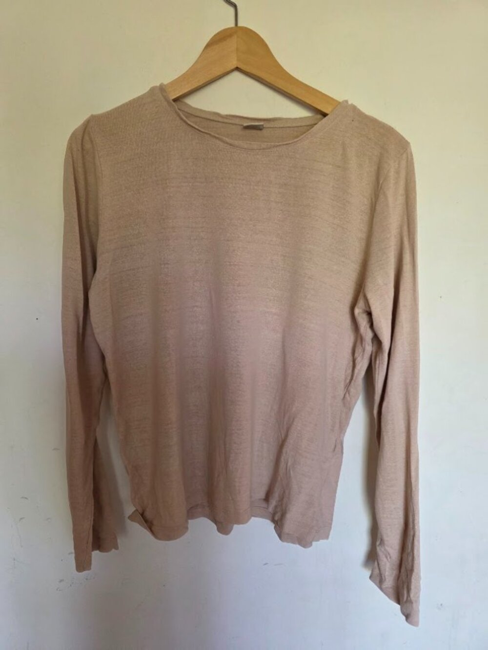 Baserange beige raw silk jersey long sleeve tee. Size medium